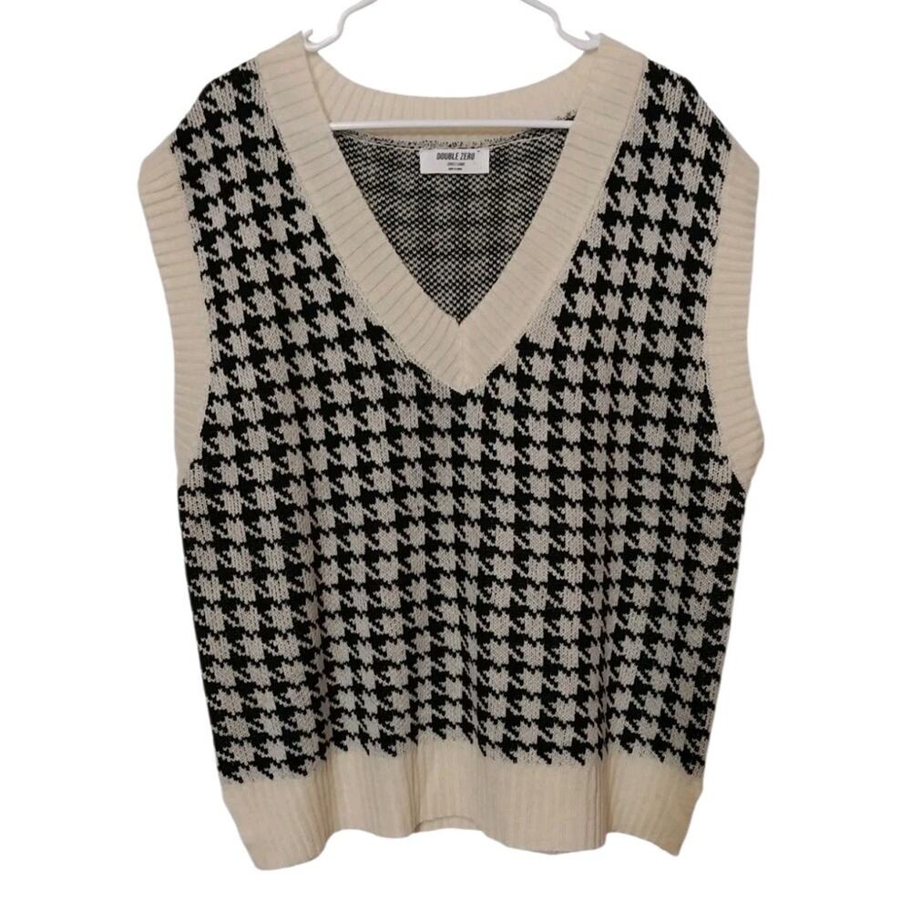 Sweater Vest Size Large L Houndstooth Checkered Y2K Black White Sleeveless Knit